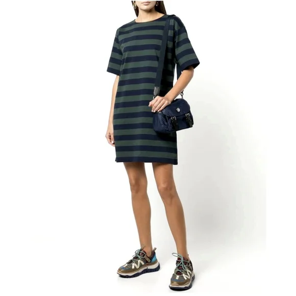 TORY BURCH Jersey Striped Tee Shirt Green Navy Blue Short Sleeve Dress Small